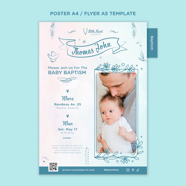 PSD plantilla de póster de bautismo de diseño plano