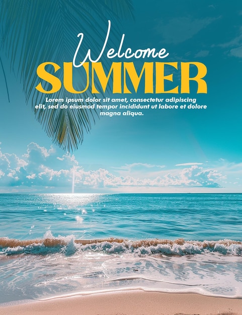 Plantilla de póster de bienvenida de verano con fondo de vacaciones de verano con letra de tipografía