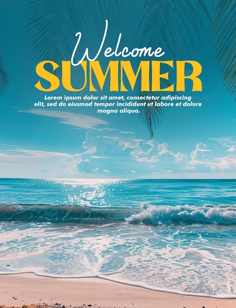 PSD plantilla de póster de bienvenida de verano con fondo de vacaciones de verano con letra de tipografía