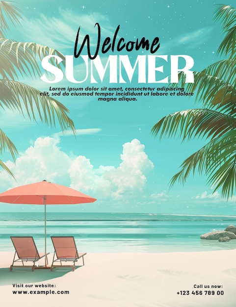 PSD plantilla de póster de bienvenida de verano con fondo de vacaciones de verano con letra de tipografía