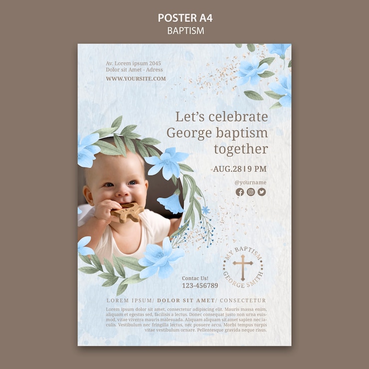 PSD plantilla de póster de celebración de bautismo botánico