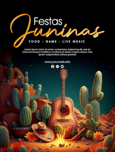 PSD plantilla de póster de celebración de festa juninas con fondo de cactus y guitarra