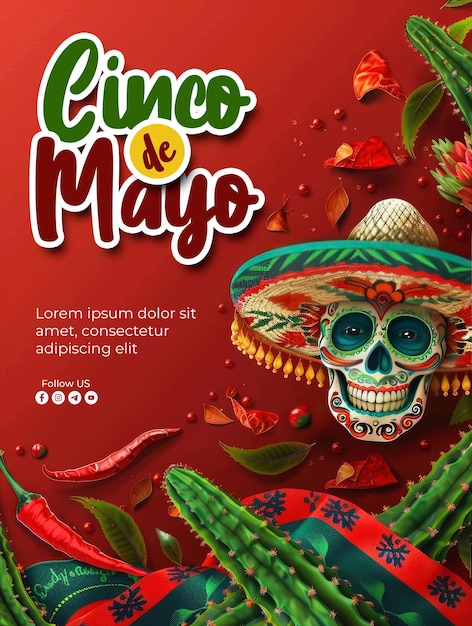 PSD plantilla de póster de cinco de mayo con un sombrero de vaquero y un fondo de cactus y un fondo minimalista