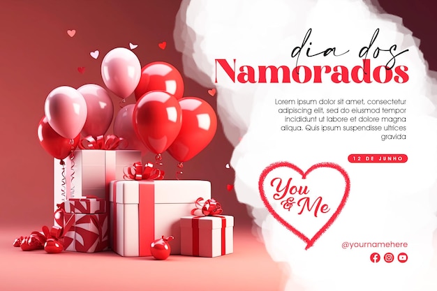 Plantilla de póster dia dos namorados con fondo de amor y caja de regalo