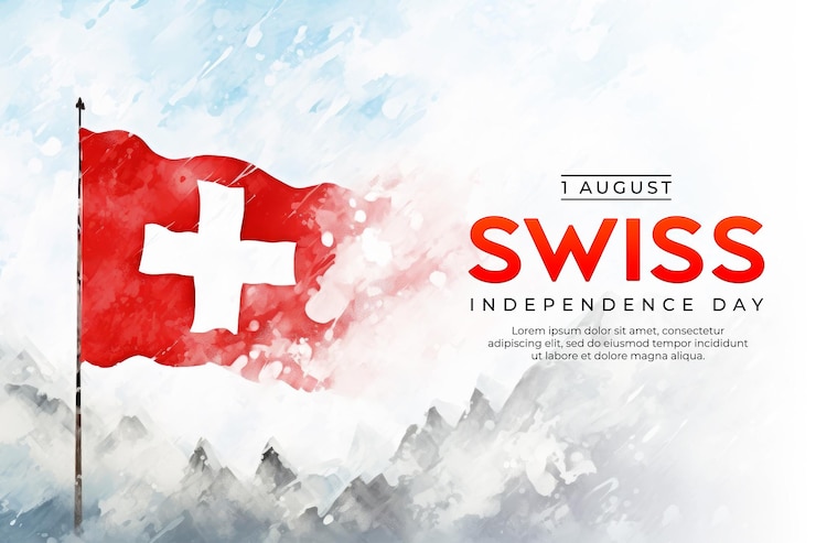 PSD plantilla de póster del día de la independencia suiza con fondo de bandera suiza en estilo acuarela