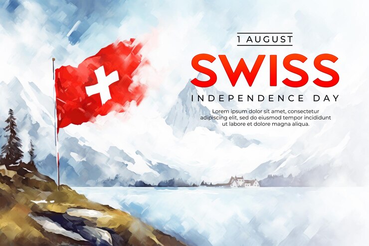 PSD plantilla de póster del día de la independencia suiza con fondo de bandera suiza en estilo acuarela