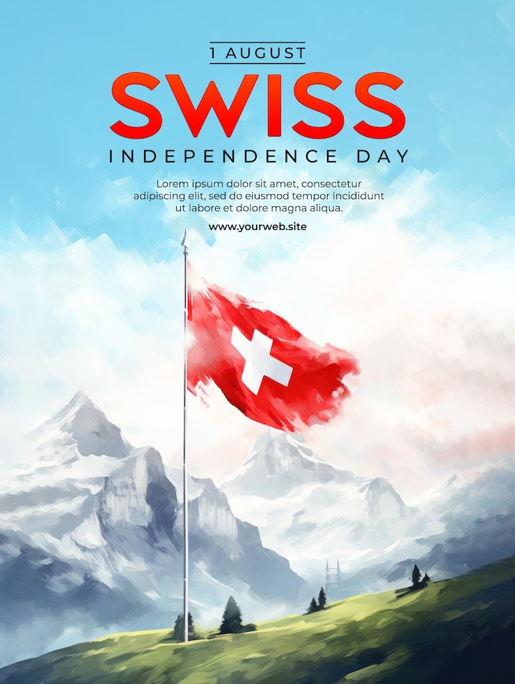 PSD plantilla de póster del día de la independencia suiza con fondo de bandera suiza en estilo acuarela