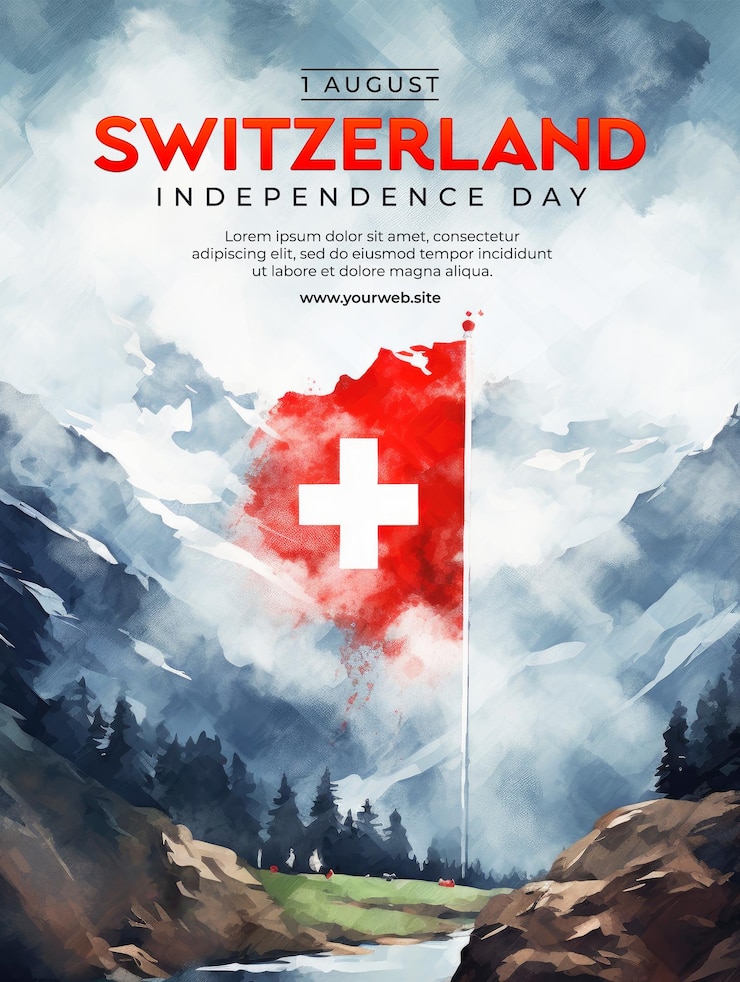 PSD plantilla de póster del día de la independencia suiza con fondo de bandera suiza en estilo acuarela