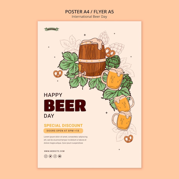 PSD plantilla de póster del día internacional de la cerveza dibujado a mano