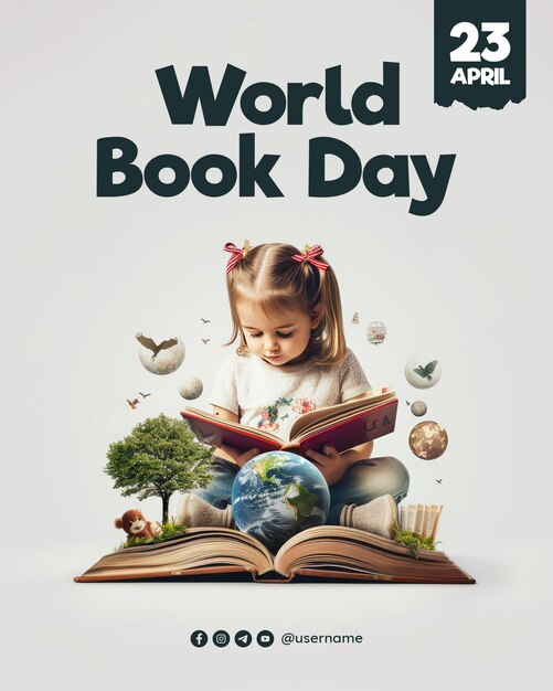 Plantilla de póster del día mundial del libro y publicación social de los medios del día del libro