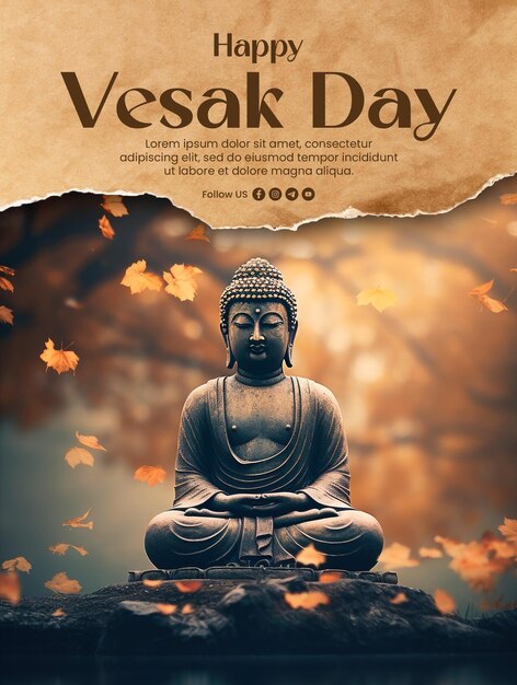 Plantilla de póster del día de vesak feliz con el fondo de la estatua de buda