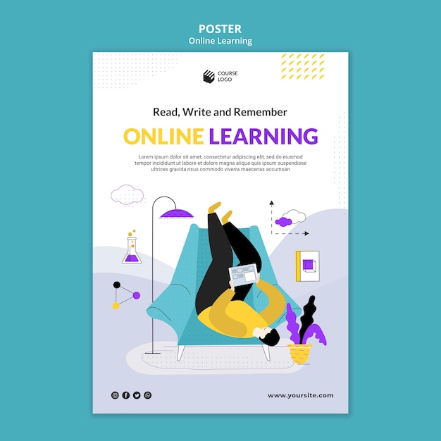 PSD plantilla de póster de e-learning ilustrada