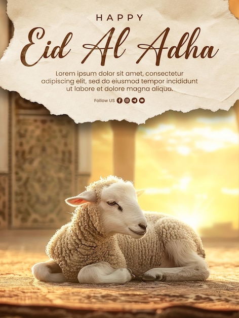 PSD plantilla de póster de eid al adha con un fondo de oveja con un fondo en una mezquita