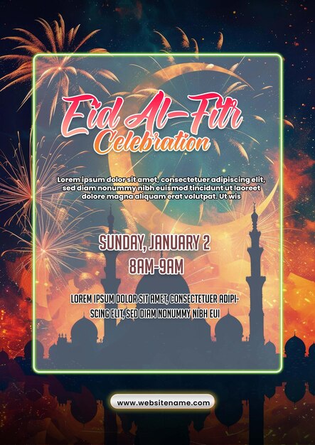 Plantilla de póster de eid alfitr con fuegos artificiales coloridos póster de ramadán