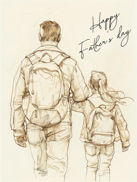 Plantilla de póster de feliz día del padre con línea de dibujo de fondo sobre el padre y la hija de chequeo