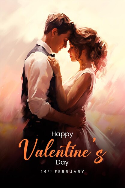 Plantilla de póster de feliz día de san valentín con fondo de pareja romántica