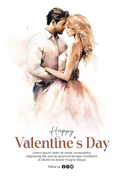 PSD plantilla de póster de feliz día de san valentín con pareja romántica en fondo de estilo acuarela