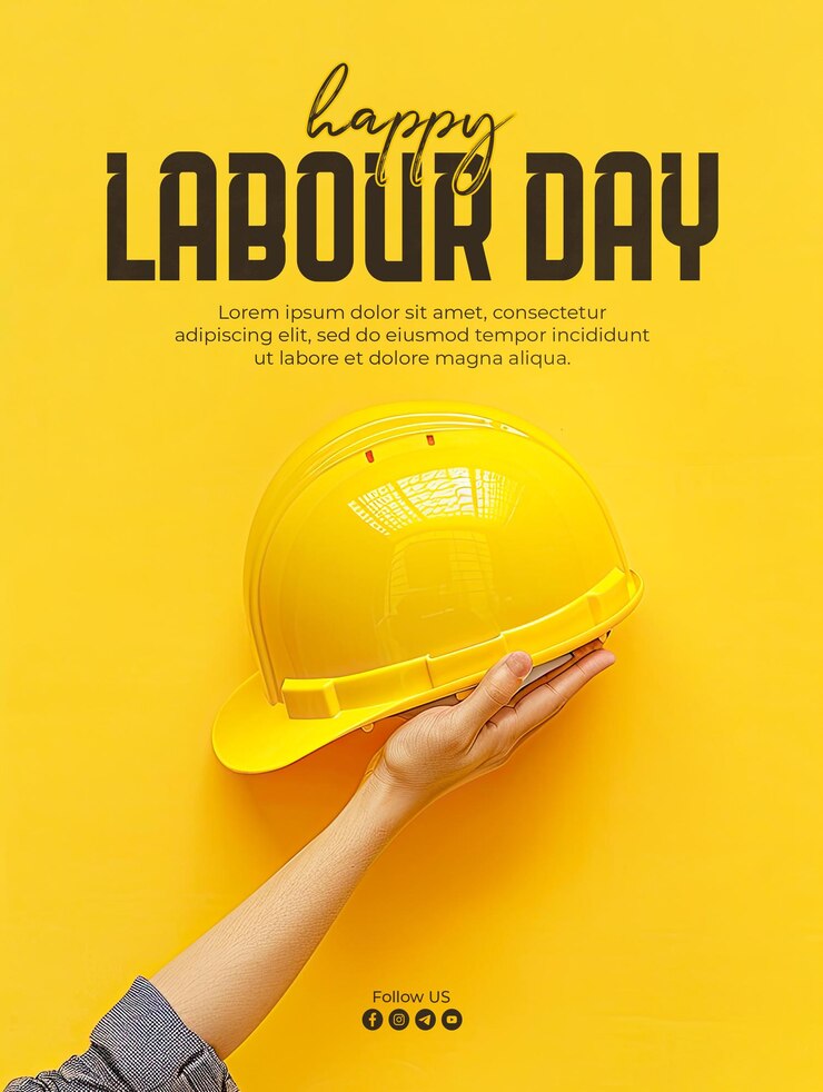 PSD plantilla de póster de feliz día del trabajo con una mano de trabajador sosteniendo un casco de proyecto amarillo como fondo