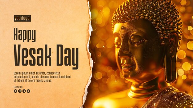 PSD plantilla de póster de feliz día de vesak con estatua de buda en color oro