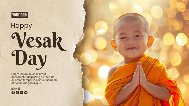 Plantilla de póster de feliz día de vesak con fondo un pequeño monje lindo y de buen corazón