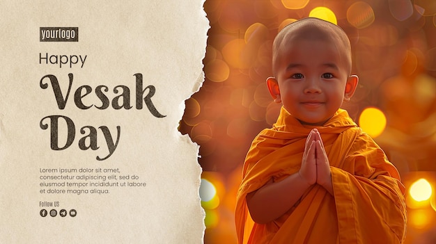 PSD plantilla de póster de feliz día de vesak con fondo un pequeño monje lindo y de buen corazón