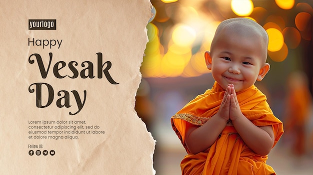 PSD plantilla de póster de feliz día de vesak con fondo un pequeño monje lindo y de buen corazón