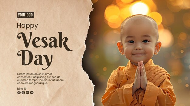 PSD plantilla de póster de feliz día de vesak con fondo un pequeño monje lindo y de buen corazón