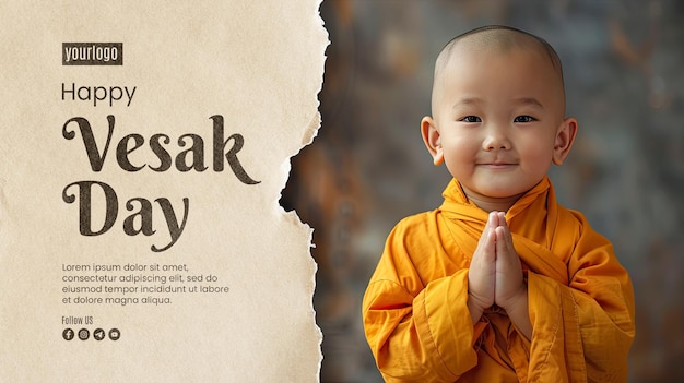 Plantilla de póster de feliz día de vesak con fondo un pequeño monje lindo y de buen corazón