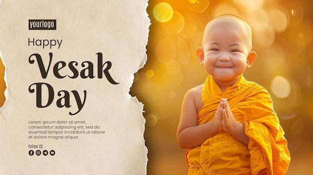 PSD plantilla de póster de feliz día de vesak con fondo un pequeño monje lindo y de buen corazón