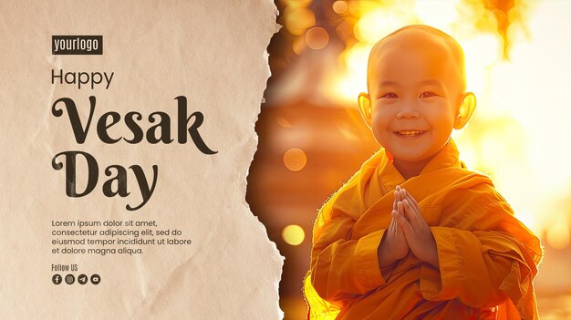 Plantilla de póster de feliz día de vesak con fondo un pequeño monje lindo y de buen corazón