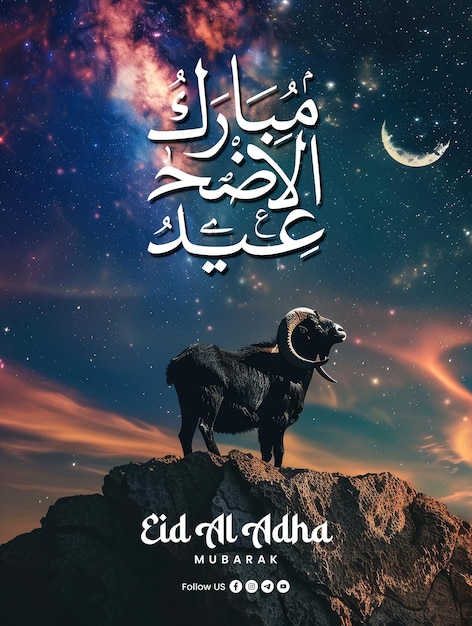 PSD plantilla de póster de feliz eid al adha con un fondo de una silueta de cabra en una colina por la noche contra