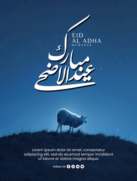 Plantilla de póster de feliz eid al adha con un fondo de una silueta de cabra en una colina por la noche contra