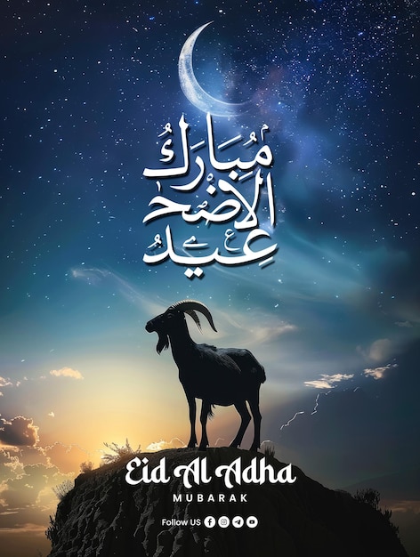 Plantilla de póster de feliz eid al adha con un fondo de una silueta de cabra en una colina por la noche contra