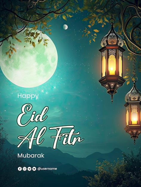 Plantilla de póster de feliz eid al fitr con un fondo de linterna