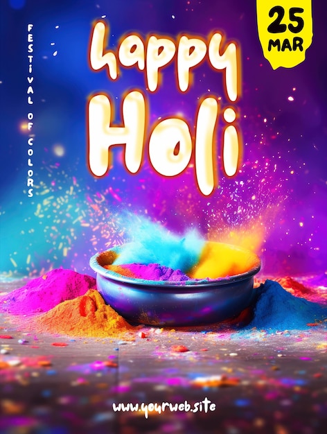 Plantilla de póster de feliz holi con fondo de colores.