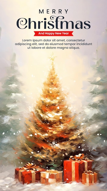 Plantilla de póster de feliz navidad con árbol de fondo de feliz navidad y caja de regalos de color agua