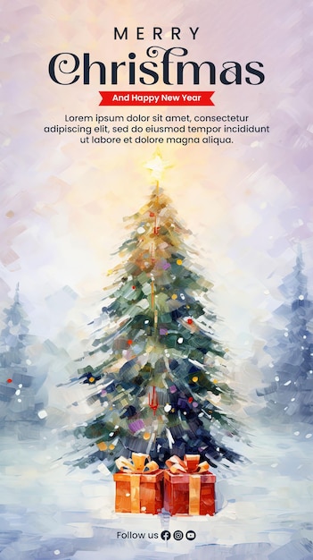 PSD plantilla de póster de feliz navidad con árbol de fondo de feliz navidad y caja de regalos de color agua