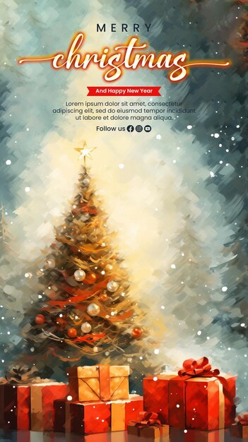Plantilla de póster de feliz navidad con árbol de navidad