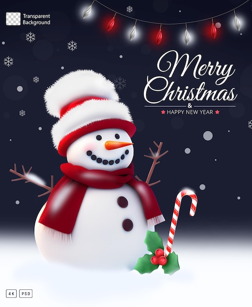 PSD plantilla de póster de feliz navidad con muñeco de nieve en 3d con elementos navideños