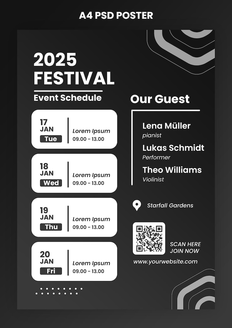 PSD plantilla de póster de festival en blanco y negro