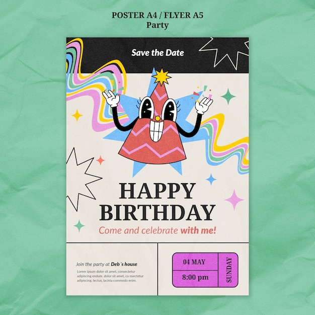 PSD plantilla de póster de fiesta de cumpleaños dibujada a mano