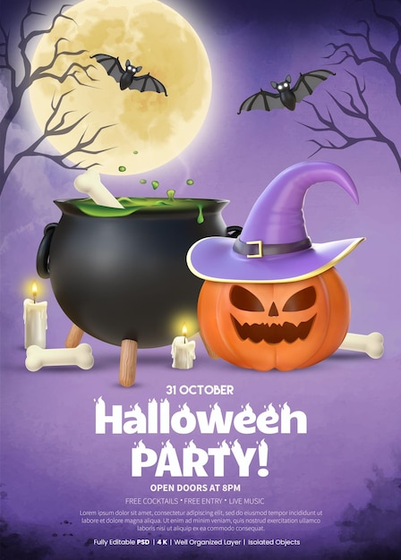 Plantilla de póster de fiesta de Halloween con calabaza de renderizado 3D con caldero de sombrero de bruja y murciélagos