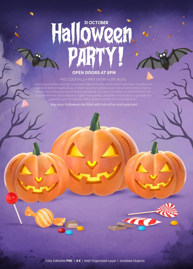 Plantilla de póster de fiesta de Halloween con renderizado 3D de calabazas, murciélagos y caramelos