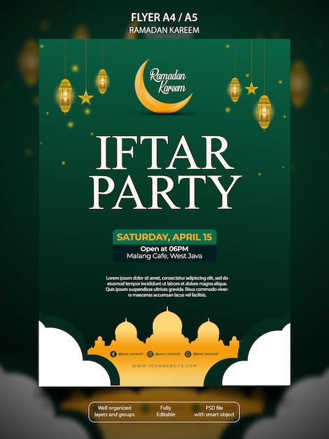 Plantilla de póster de fiesta iftar de ramadán con color verde