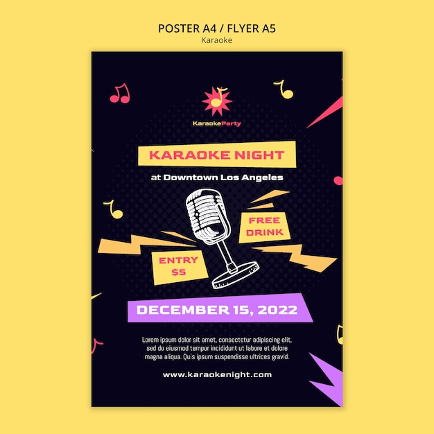 PSD plantilla de póster de fiesta de karaoke de diseño plano
