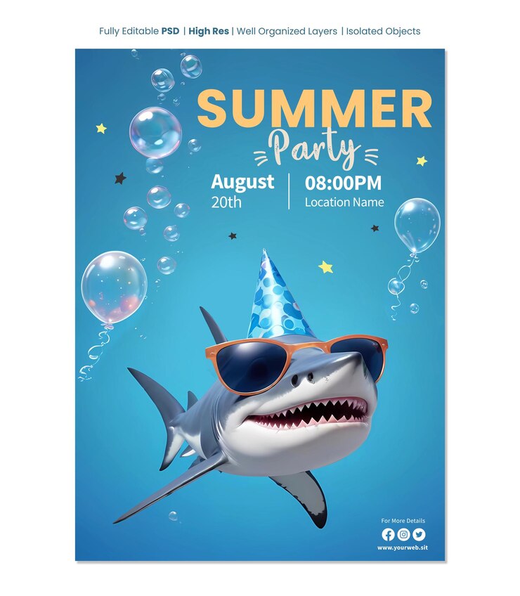 plantilla de póster de fiesta de verano con personaje de dibujos animados de tiburón 3D con gafas de sol y sombrero de fiesta