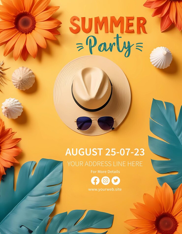plantilla de póster de fiesta de verano con sombrero de paja gafas de sol y conchas marinas