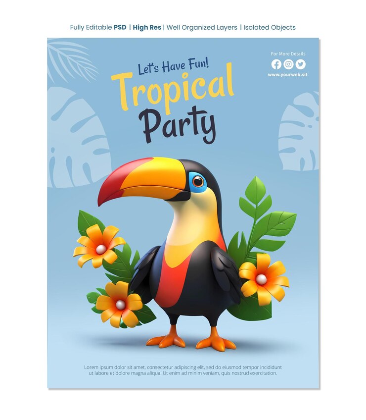 PSD plantilla de póster de fiesta de verano tropical con personaje de dibujos animados de pájaro tucano en 3d con flores tropicales