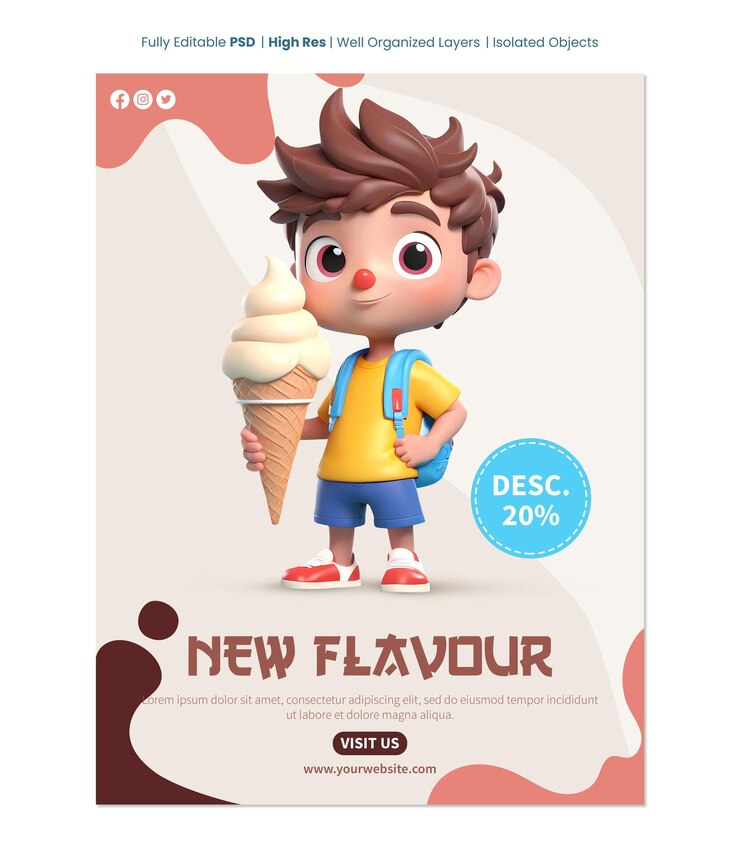 plantilla de póster de helado con personaje de dibujos animados de niño pequeño en 3D sosteniendo un cono de helado