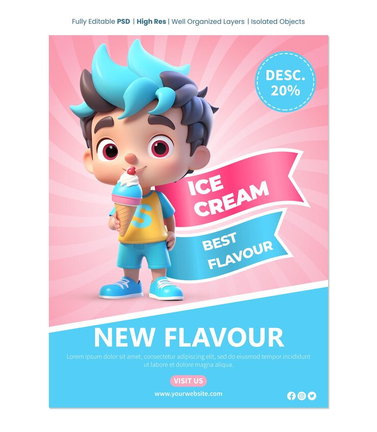 plantilla de póster de helado con personaje de dibujos animados de niño pequeño en 3D sosteniendo un cono de helado
